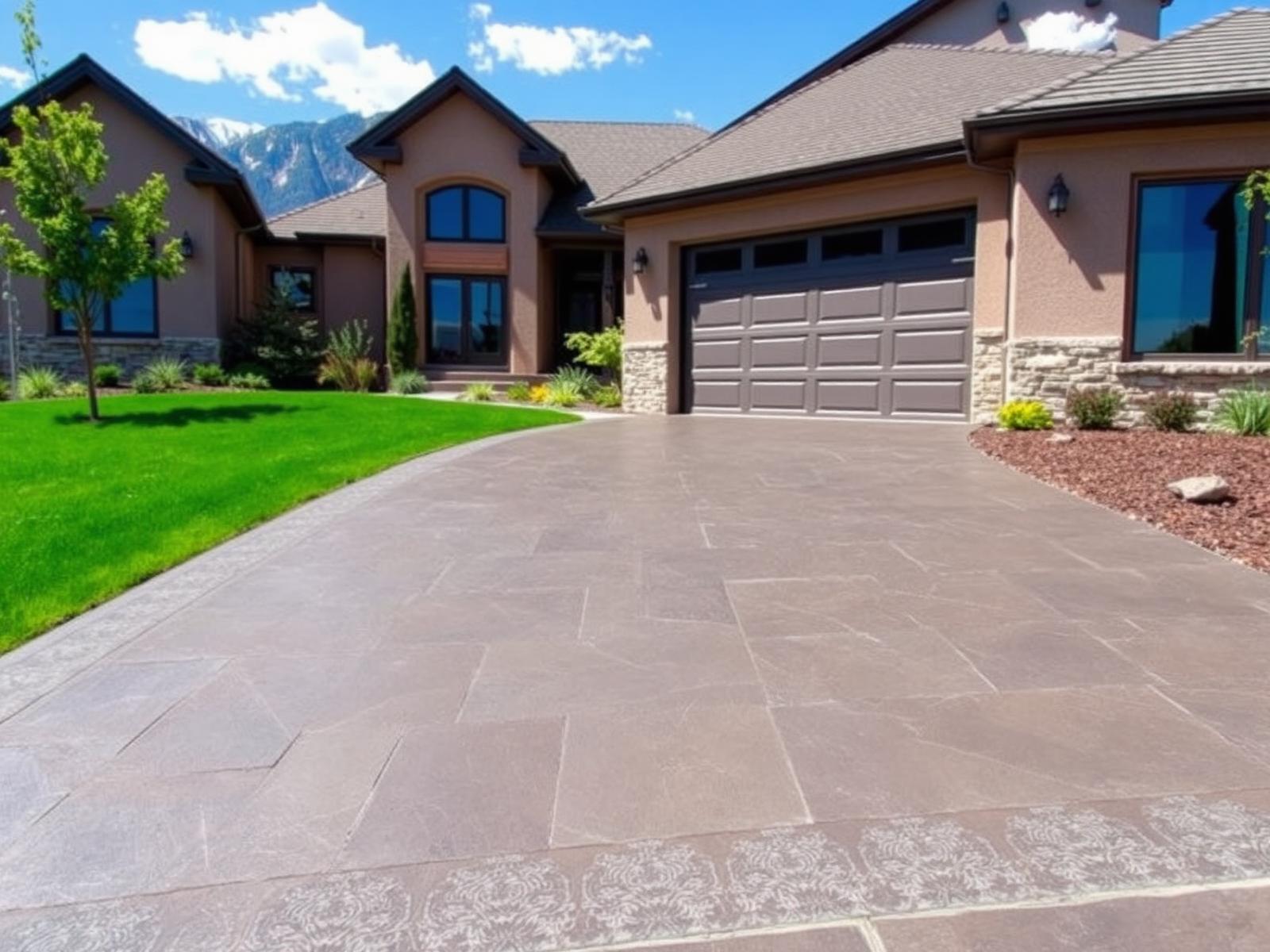 Modern stamped concrete driveway on a Utah home