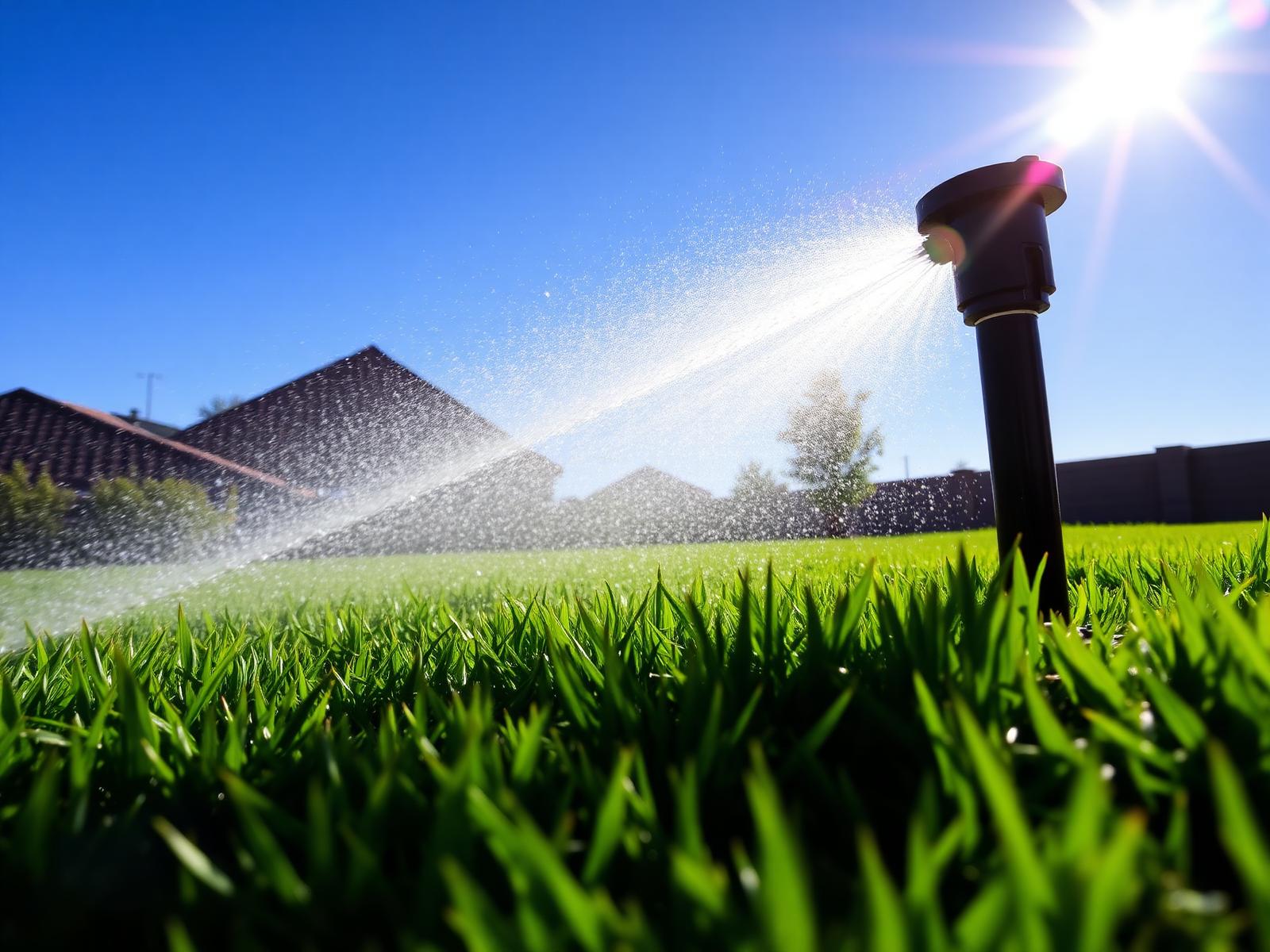 Sprinkler watering a bright green Utah lawn