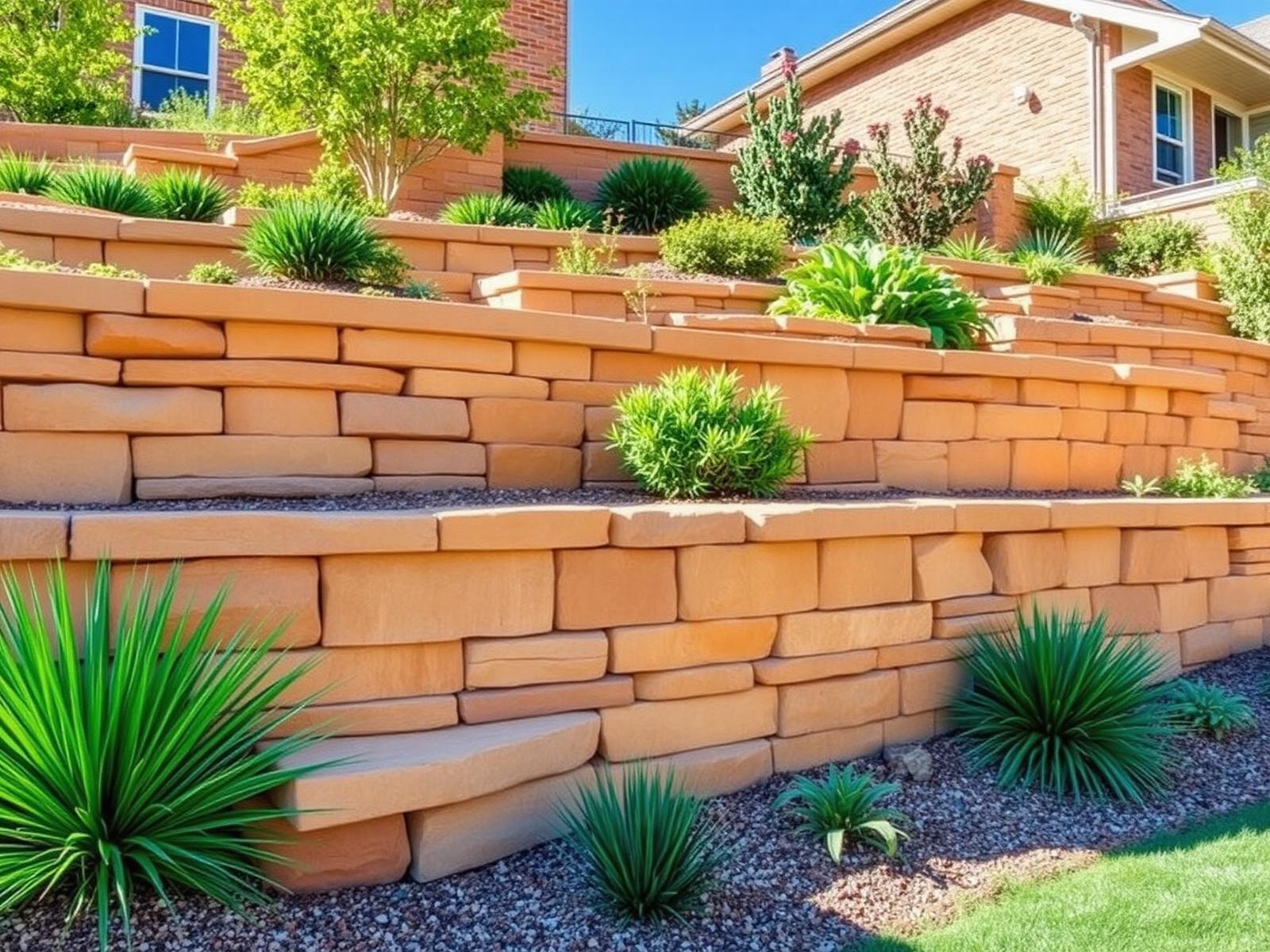Stacked stone retaining wall in a Utah landscape